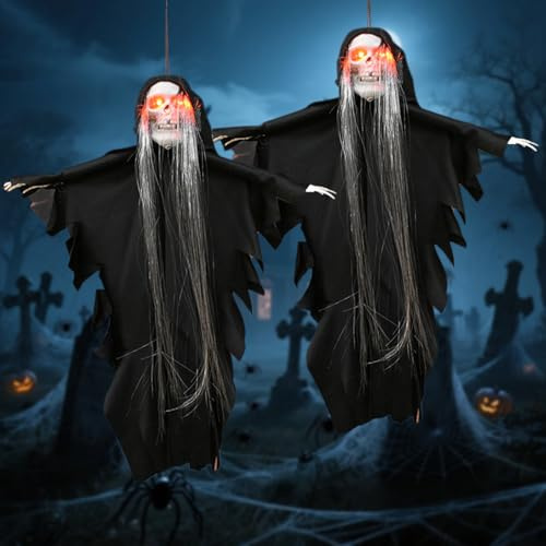 2 Stück Halloween Deko Outdoorr Skelett, 35 * 30cm Halloween Deko Hängend, Horror Hängende Geister Deko mit LED Leuchtende Rote Augen und Gruseligen Geräuschen, Horror Deko Requisiten für Party,Garten