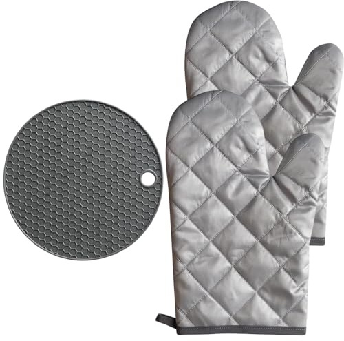 Oven Gloves Heat Resistant, 2 Oven Mitts and 1 Heat Resistant Mat Set for Cooking, Oven Mits, Baking, Grilling, 27 X 17 Cm
