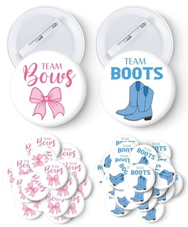 Cgvovgr 40 Pcs Gender Reveal Button Pins, Funny Team Boots or Bows Button Pins, Baby Shower Party Baby Clothes Buttons Badges, for Gender Reveal Party Game Supplies