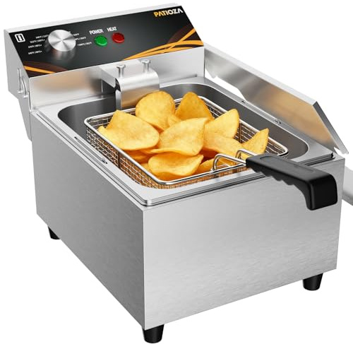 PATIOZA 6L Commercial Deep Fryer,3000W Stainless Steel Electric Deep Fat Fryer With Basket&Lid Temperature Control 60-200°C Fast Heating Easy Clean Chip Fryer for Kitchen & Restaurant Use