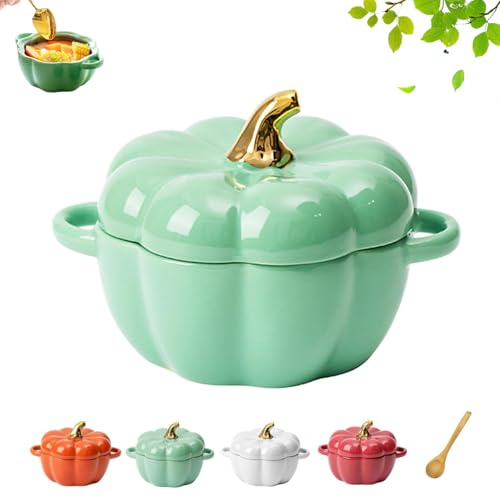 Générique Bol à soupe en céramique en forme de citrouille avec couvercle, fait pour le four, cocotte en pot, plat à casserole en forme de citrouille pour la cuisson, le mijotage et le service (Vert)