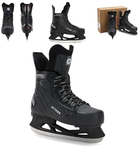 ATTABO Frazer II - Pattini da Hockey su Ghiaccio per Bambini, Regolabili, Neri, in Acciaio Inossidabile, Robusto Gambo Rigido, Micro Fibbia e Cinghia Powerstrap, Fodera Calda, per Ragazzi e Ragazzi