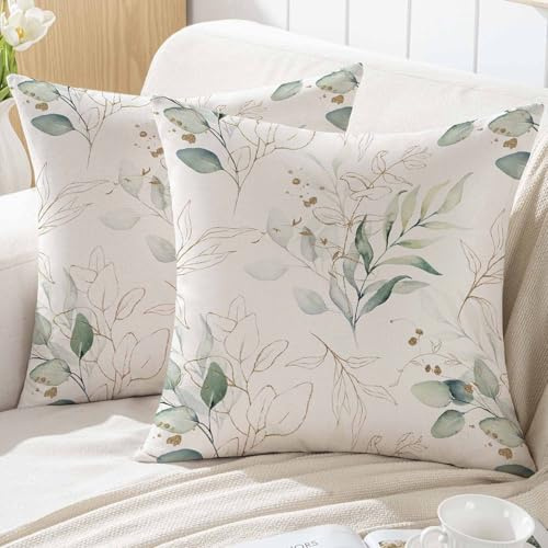 ViaElayu Frühling Kissenbezug 40x40 Eukalyptus Kissen Outdoor Sofakissen Grün Blätter Aquarell Kissenhüllen Dekokissen Kissenbezüge Deko Mintgrün Garten Sofa Dekokissen Couchkissen 2er Set