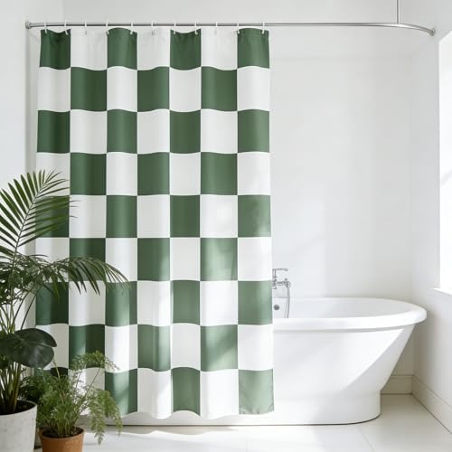 XIANJIA Duschvorhang Kariert Grün, Anti Schimmel Wasserdicht Stoff Duschvorhänge 180 x 180 cm, Duschvorhange Maschinenwaschbar Schnelltrocknend