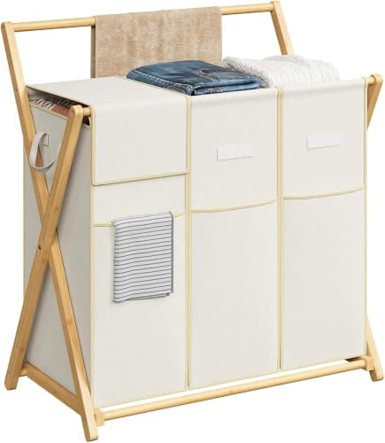 HOOBRO Wäschekorb 3 Fächer, 57L×3，Wäschesammler mit Deckel und klappbarem Bambusrahmen, Wäschesortierer für Bad und Waschküche, Beige EYL84XY01