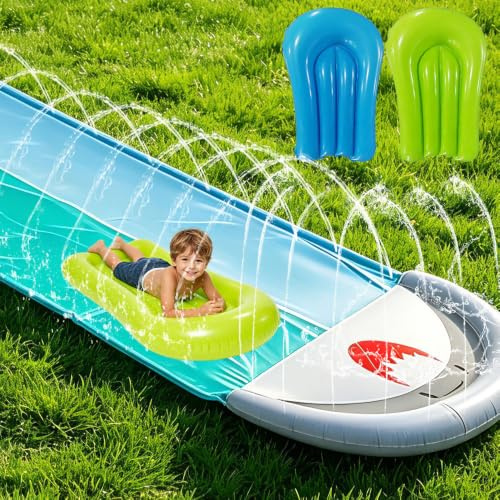 CLIUNT Scivolo ad Acqua, 550 x 145cm Scivoli d'Acqua Doppio, Scivolo Acquatico Giardino con 2 Bodyboards, irrigatore, per Adulti Bambini Estate Prato Giardino (Shark-2Lanes)
