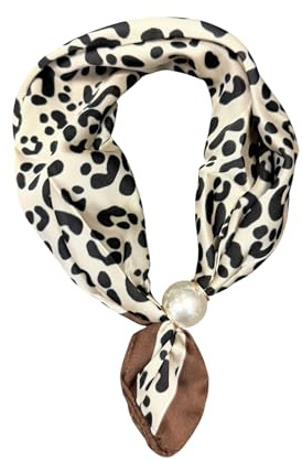 Jeamis Elegantes Damen Halstuch mit Perlenring, Kleines Seidentuch für Damen, Modisches Nickituch für Hals, Haare und Tasche (Leo_Klein_Beige_Braun)