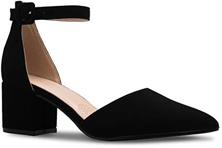 OLIVIA K Women's Classic Pumps Close Toe Ankle Strap Kitten Heel - Adorable Low Block Heel