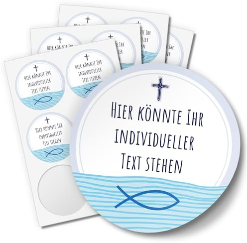 24 PERSONALISIERTE runde Etiketten SELBER GESTALTEN mit Ihrem Text | Blau Fisch Kreuz - Personalisierte Aufkleber für Taufe, Konfirmation, Kommunion Sticker für Jungen Jungs