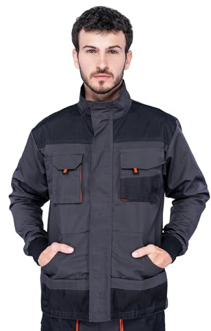 Veste de travail homme, Blouson de travail, Multi Poches, Grande Taille S - XXXL, Manteau de travail, Bleu/Noir/Rouge, Haute qualité Vetement (L, Noir/Orange)