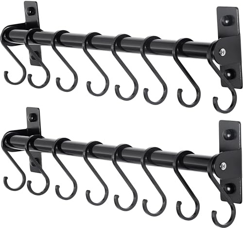 Dseap Kitchen Utensil Holder Hanger, Pot and Pan Rack Wall Mounted, Kitchen Rail with 8 Hooks for Hanging Cooking Utensils, Mugs, Spoons, Wall Mounted, Black, Pack of 2