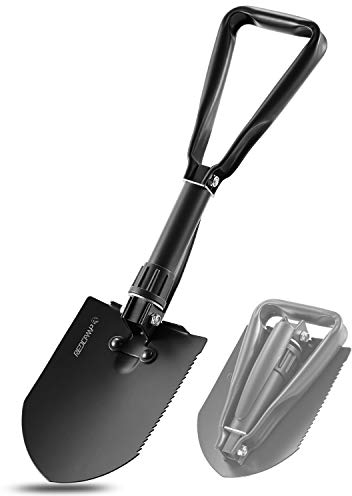 REDCAMP - Pala Plegable Militar, 58 cm, Acero al manganeso, Herramienta táctica con Funda, Plegado Triple con Mango para Camping, Senderismo, Arena, Barro, Nieve, Playa, Negro, 1,15 kg