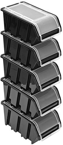 Stapelboxen Set – 5x Stapelbox mit Deckel 195x120x90 mm – Sichtbox Stapelbox Lagerbox, Schwarz