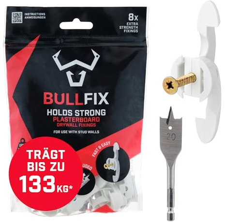 Bullfix Extra Plasterboard Fixings Heavy Duty Starter 8 Pack, Drywall Anchor, Plasterboard Wall Plug Alternative for Dot & Dab, Stud & Hollow Cavity Wall Anchor Kit with Screws