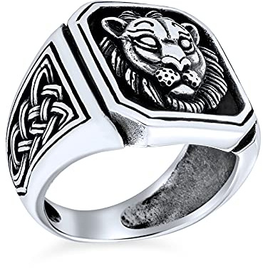 Große Statement Vintage Stil Männliche König Des Dschungels Rechteck Signet Keltischer Knoten Akzent Löwenring Für Männer Massives Oxidiertes .925 Sterlingsilber Handgefertigt In Der Türkei