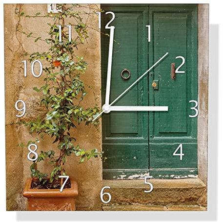 Wallario Design Wanduhr Grüne alte Holz-Tür in Toskana mit Alter Steinwand und Steintreppe aus Aluverbund, Alu-Uhr Größe 30 x 30 cm, weiße Zeiger mit Metalloptik