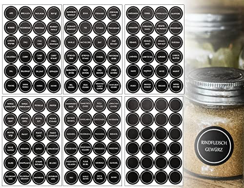ZoeTekway 144 Stück Rund Gewürzetiketten Gewürzaufkleber, Aufkleber Gewürze Etiketten selbstklebende, Küchenetiketten Beschriftungsschilder für Gläser Marmeladenglas, Schwarz