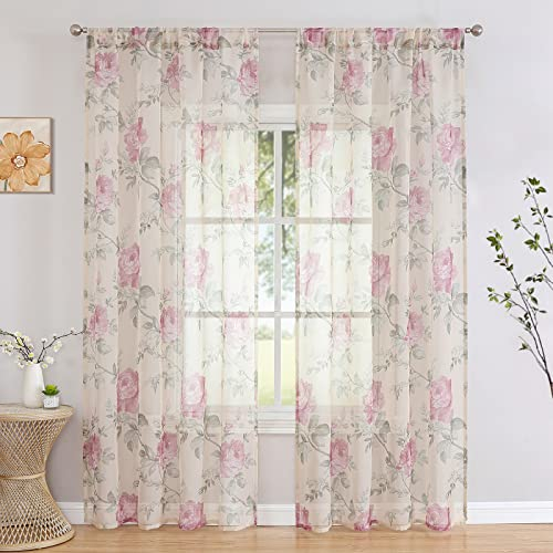 BUHUA Voile Gardinen Vorhang Halbtransparent Wohnzimmer mit Kräuselband 225x140 cm Rosa 2er Set