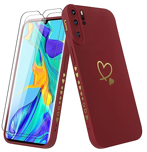 Vauki Hülle für Huawei P30 Pro mit 2 Stück Schutzfolie Handyhülle Mädchen mit Herz Motiv Muster Weiches Dünne Silikon TPU Stoßfest Kratzfeste Case Kompatibel mit Huawei P30 Pro, Claret
