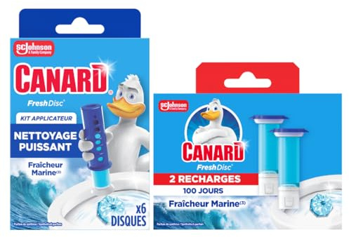 Canard Wc Fresh Disc Marine – Bloc Sans Cage Nettoyant WC – Dure 3x Plus Longtemps Qu'un Bloc Classique – 1 Applicateur + 3 Recharges