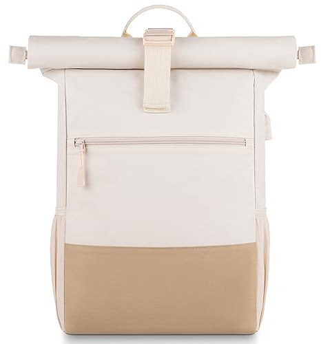 RJEU Laptop ryggsäck för 17 tum, rulltopp ryggsäck män kvinnor, laptopväska för skola, studierum, resor, skolryggsäck (kakibeige-26 l)