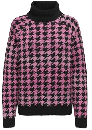 ONLY Jersey de Punto Onlberta LS Jq Rollneck KNT para Mujer, Negro/patrón: Fucsia Morado/azelea Rosa, S