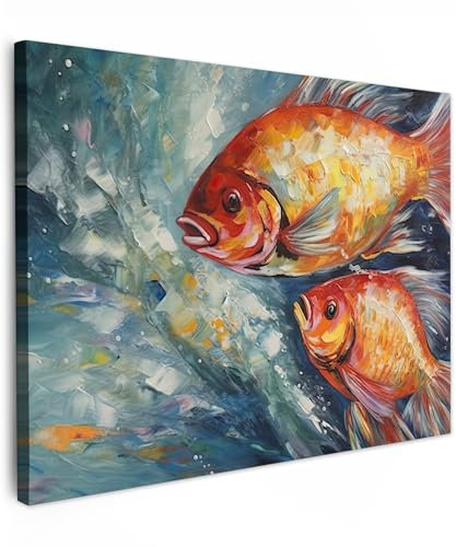 MuchoWow© Leinwand 40x30 cm Deko Schlafzimmer Aesthetic Leinwandbilder Wohnzimmer Gemälde Foto Geschenk Living Room Decoration Kunstdruck - Bunt - Fische - Wasser - Tiere - Kunst - Ölgemälde