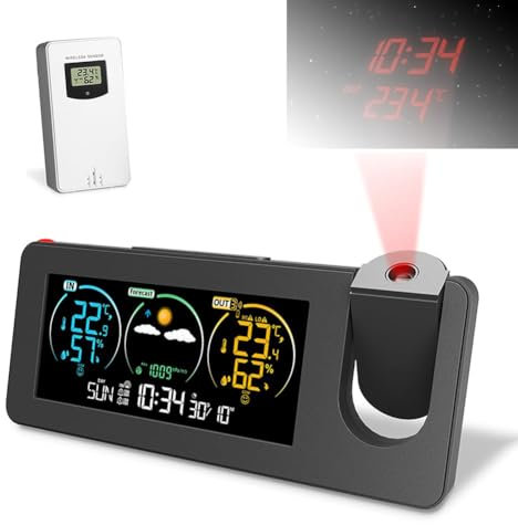 Réveil à projection, projecteur d'horloge numérique sur mur de plafond, station météo sans fil avec capteur extérieur, moniteur de température et d'humidité avec rétroéclairage coloré et prévisions