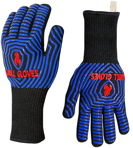 QUWIN BBQ Gloves, Oven Gloves 1472℉ Extreme Heat Resistant, Grilling Gloves Silicone Non-Slip Oven Mitts, Kitchen Gloves for BBQ, Grilling, Cooking, Baking-1 Pair… (Black Blue, One SizeLong Cuff
