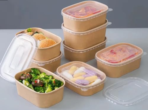 HOT BARGAINS 650ml Kraft Paper Food Containers With Reusable Plastic Lids, Rectangular Takeaway Boxes, Pack of 100