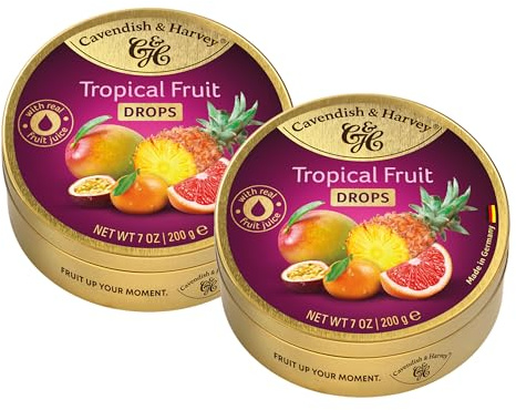 Cavendish & Harvey Tropical Fruit Drops 200g Dose im 2er Pack | Mango, Grapefruit, Maracuja, Kalamansi, Ananas | Mit echtem natürlichen Fruchtsaft | Vegan, Halal, Koscher | 2 x 200g