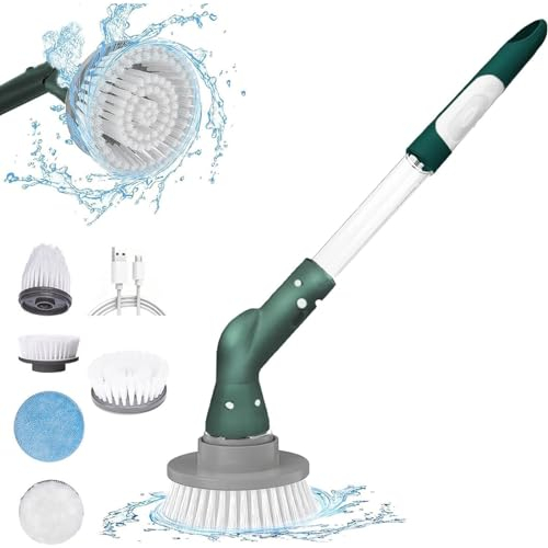 Electric Cleaning Brush - Long Handled Bathroom Cleaner, Cordless Power Scrubber with 4 Attachments, 380rpm Bathroom Cleaning Brush for Showers, Sinks and Surfaces - Electric Spin Scrubber Green