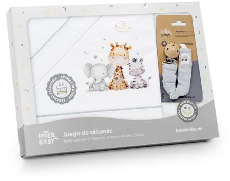 Danielstore Juego de Sábanas para Cuna Bebé Algodón 100% Fabricadas en España (3 Piezas:: Bajera, encimera y Funda de Almohada) Ideal para Primaver y Verano (Jirafa Elefante Gris)
