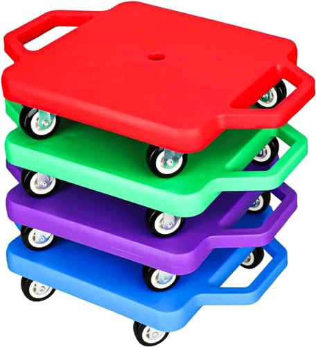 4 Pcs Sports Scooter Board with Handles, Fun Sports Scooters with Plastic Casters, Floor Sitting Scooter Board for Kids Children Gym Indoor Outdoor Activities Play Equipment, Over 6 Years Old