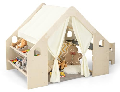 DREAMADE 6 en 1 Tente de Jeu en Bois Enfants 2-6Ans,Maison de Jeu avec Tapis&Tableau Noir Double Face&Chaise&Coffre à Jouets&Rideaux,Cabane de Jeu Enfant Intérieure (145X98X113CM)