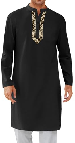Runcati Mens Kaftan Thobe Button Down Casual Henley Shirts Long Sleeve Robe Cotton Linen Muslim Gown Shirt Black