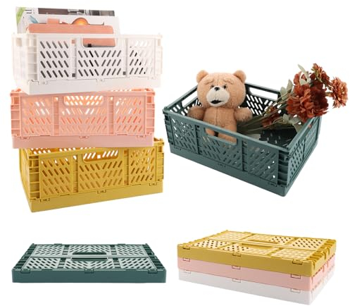 APACALI 4 Stück Klappboxen Faltbar Stabil, 30.5x20x12CM Kleine Klappbox, 4 Farben Faltbare Klappkiste Klein, Klappkorb Faltbar, Klappkorb Kunststoff Stabil für Kleinkram