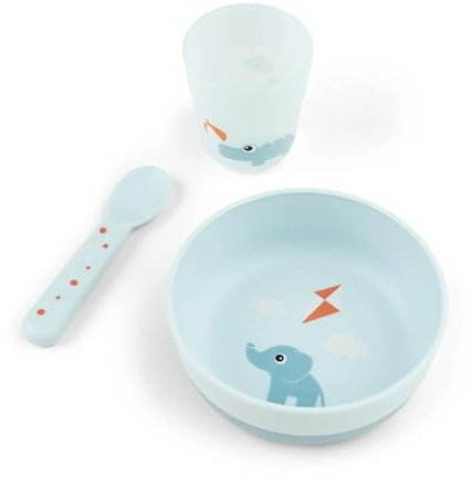 Done by Deer Baby Geschirr Set Foodie – Erstes Esslern Set mit Schüssel rutschfest, Becher & Löffel – Babygeschirr BPA-frei, mikrowellen- & spülmaschinengeeignet – Playground Blau