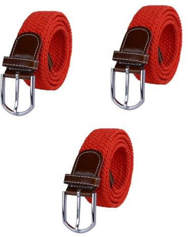 DEARMAMY 3stücke Elastischer Geflochtener Stretchgürtel Für Herren Und Damen Robuster Woven Gürtel Mit Pu-leder Schlaufe Und Endstück Für Jeans Und Freizeithosen Rot