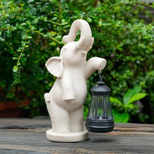 mikilov Statue d'éléphant en résine avec lanterne solaire (sur pied, lanternes d'extérieur et statue d'intérieur, décoration pour jardin, cour, véranda, maison, balcon