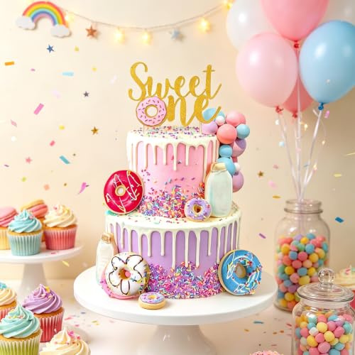 Sweet One Cake Topper Sweet One Birthday Party Supplies | Donut Grow Up Baby Sprinkle Decorations Macaron Balls Mini Donut Cupcake Topper