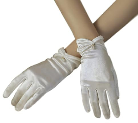 Anevous Kurze Satin Handschuh, Elegant Brauthandschuhe Damen, Hochzeits Oper Handschuhe, Spitzenhandschuhe Gloves für Braut, Hochzeit, Party, Maskerade, Tanz, Dinner,Weiß