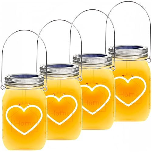 Hanging Solar Mason Jar Lights, 4 Pack Warm Heart Shape Led Lights, Solar Powered Lanterns Outdoor Waterproof, Hangers and Jars Included, Gift for Lover, Home Party Wedding Garden Patio Decor (4)