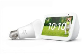 Echo Show 5 (Newest gen) with Alexa+, Glacier White + Philips Hue White Smart Light Bulb LED (E27), Voice-Control Smart Lighting Bundle