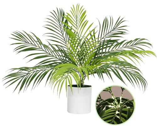 RECUTMS Fake Plants Tall 19In Artificial Tropical Palm Tree Potted with Light Faux Monstera Greenery Plants in White Pot for Indoor Outdoor Home Office Living Room Bedroom Desk Balcony Farmhouse Decor