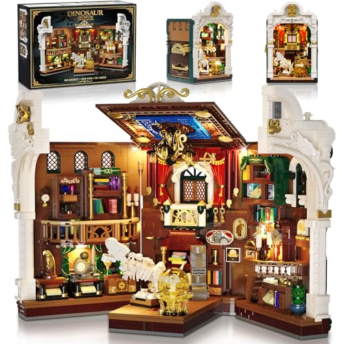 INSOON Dinosauriermuseum Book Nook Bauspielzeugset mit Licht, DIY Booknook Klemmbausteine Baustein Set Haus Dekor, 1500 Stück Miniatur Haus Bauset Geschenk für Erwachsene Kinder Mädchen Jungen 12+