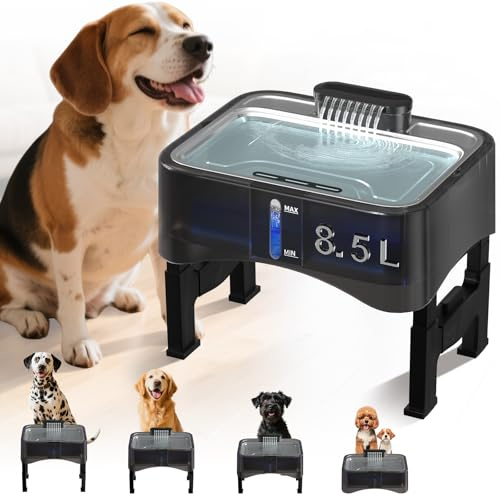 8.5L/2.25Gal Elevated Dog Water Fountain, Xetino 4 Height Adjustable Raised Dog Water Bowl Dispenser for Large Dogs with Stainless Steel Tray BPA-Free, Pet Water Fountain with Ultra Quiet Pump