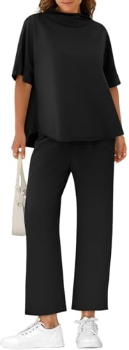 Cicy Bell Women's Lounge Set 3/4 Batwing Sleeve Capelet Crew Neck Pullover Wide Top Leg Pants Two Piece Outfits,Black,L