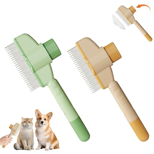 Katzenbürste Hundebürste, Katzenkamm für Langhaar/Kurzhaar, Flohkamm für Katzen Hunde mit Einem Knopf, Bürste für Die Haustierpflege zum Entfernen von Unterfell, Losem Fell und Schmut (Grün+Gelb)