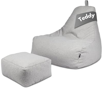 PatchHome Comfortline teddy sittsäck lounge fåtölj – gaming saccosäck set med fotpall – bekväm teddy fåtölj med fyllning (grå, XXL – sittsäck + pallset)